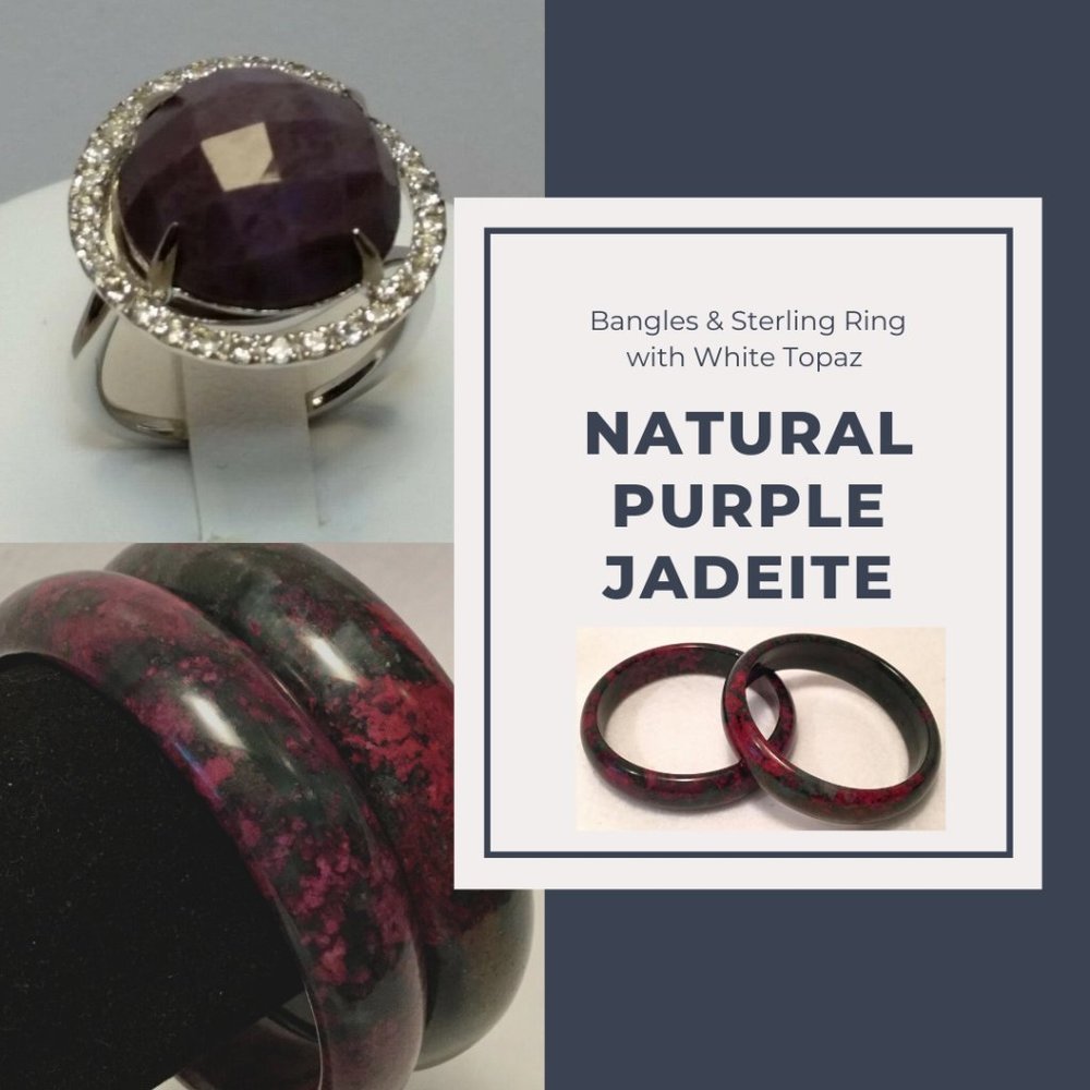 Rare Natural Purple Jadeite & White Topaz Ring & 2 bangle bracelets.